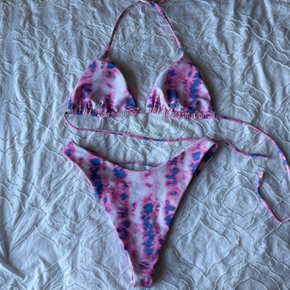 SHEIN Navy with Tan String and Tie-Dye Pink and Purple Bikini Bundle of 2 - Picture 7 of 13